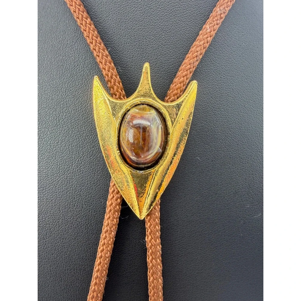 Vintage Gold Arrowhead Bolo Tie Brown Braided Cord Made in USA Western Cowboy